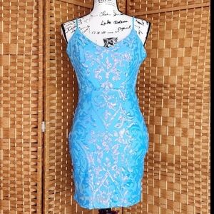 WINDSOR, Prom Homecoming Elegant Aqua, Blue Sequin Mini Open Back, v-neck Dress
